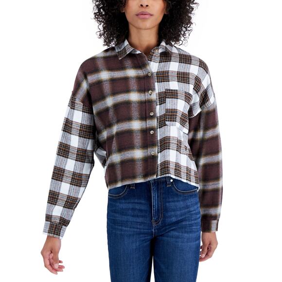 Just Polly Juniors' Cropped Plaid Button-up Top - Picture 1 of 2